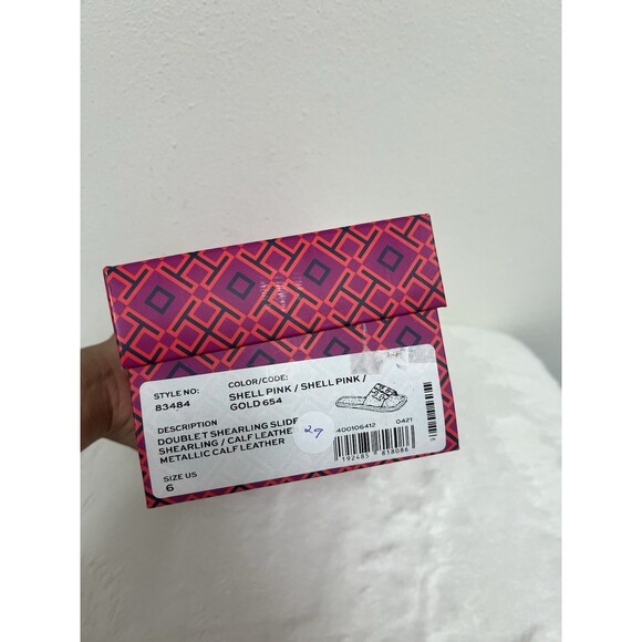 TORY BURCH SHEARLING SLIDE SANDAL SHELL PINK /GOLD TRIM DOUBLE LOGO SZ US 6 NEW - Picture 10 of 10